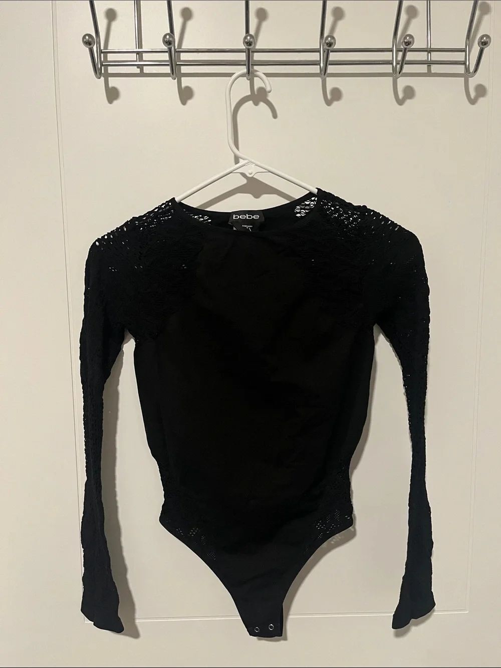 Bebe Crew Neck Black Lace Shoulder Bodysuit Feminine Fitted Brand New